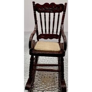 Vintage Dollhouse Rocking Chair Woven Seat Mahogany Wood